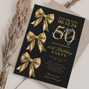 Gold Coquette Bow Save Date 50th Birthday Black Invitation