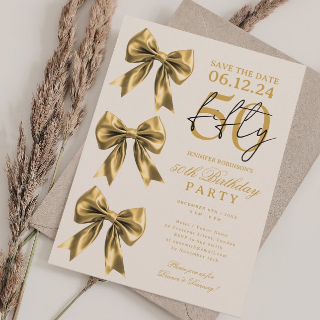 Gold Coquette Bow Save Date 50th Birthday Champagn Invitation (Gold Coquette Bow Save Date 50th Birthday Champagne Invitation)