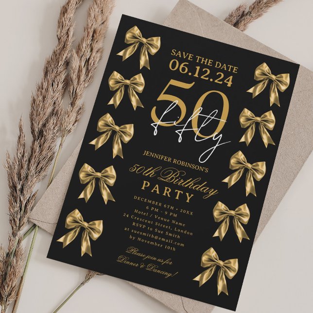 Gold Coquette Bow Save Date 50th Birthday Party Invitation (Gold Coquette Bow Save Date 50th Birthday Party Invitation)