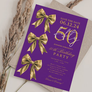 Gold Coquette Bow Save Date 50th Birthday Purple Invitation