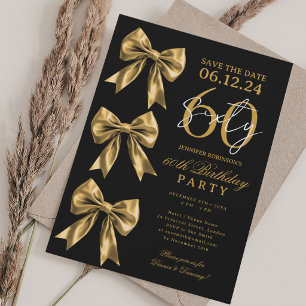 Gold Coquette Bow Save Date 60th Birthday Black Invitation