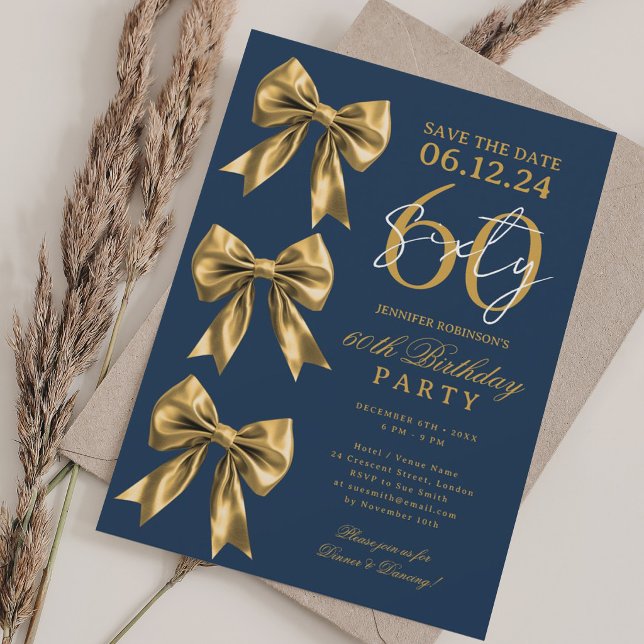 Gold Coquette Bow Save Date 60th Birthday Navy Blu Invitation (Gold Coquette Bow Save Date 60th Birthday Navy Blu Invitation)