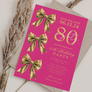 Gold Coquette Bow Save Date 80th Birthday Hot Pink Invitation