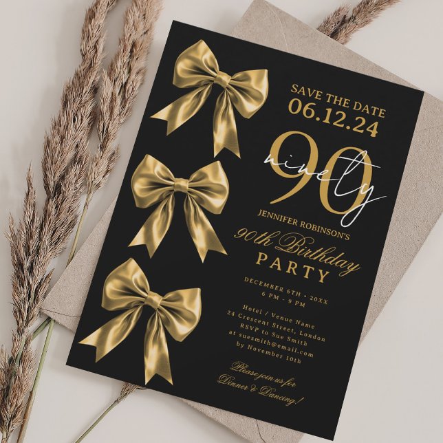 Gold Coquette Bow Save Date 90th Birthday Black Invitation (Gold Coquette Bow Save Date 90th Birthday Black Invitation)