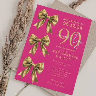 Gold Coquette Bow Save Date 90th Birthday Hot Pink Invitation