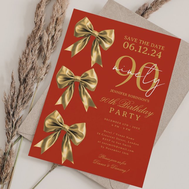 Gold Coquette Bow Save Date 90th Birthday Red  Invitation (Gold Coquette Bow Save Date 90th Birthday Red Invitation)