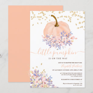 gold coral floral pumpkin watercolor baby shower invitation