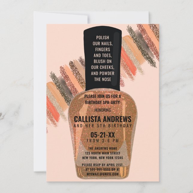 Gold Coral Glitter Nail Polish Spa Day Birthday Invitation (Front)