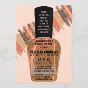 Gold Coral Glitter Nail Polish Spa Day Birthday Invitation
