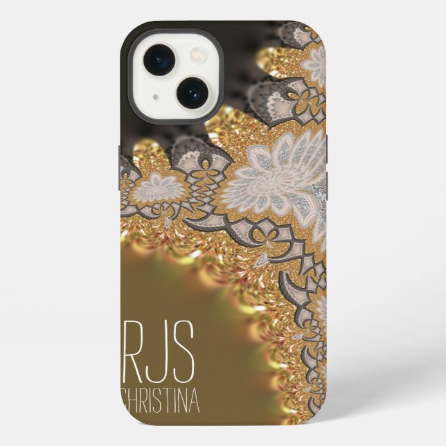Gold Coral Lace Fractals Monogram iPhone Case (Back)