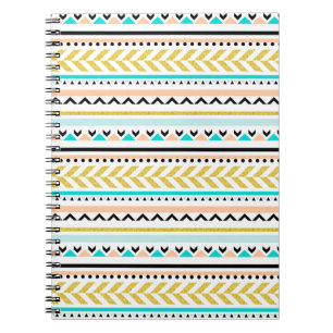 Gold, Coral, White, Aqua, Black Aztec Pattern Notebook