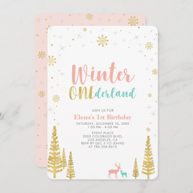 Gold & Coral Winter onederland 1st birthday party Invitation (Front/Back)