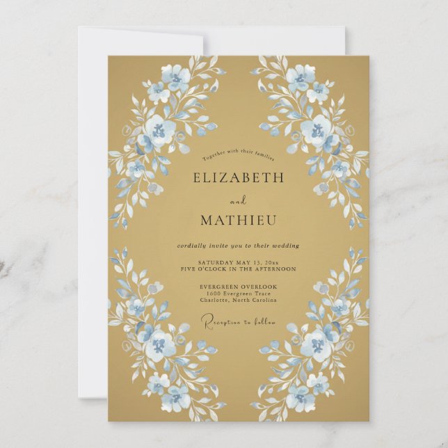 Gold Cornflower Leafy Wedding Invitation (Front)