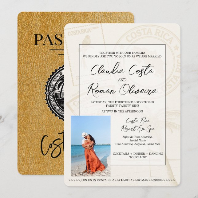 Gold Costa Rica Passport Wedding Invitation (Front/Back)
