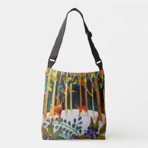 Gold Cosy Winter Deer Forest Watercolor Crossbody Bag
