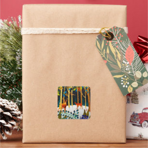 Gold Cosy Winter Deer Forest Watercolor  Square Sticker