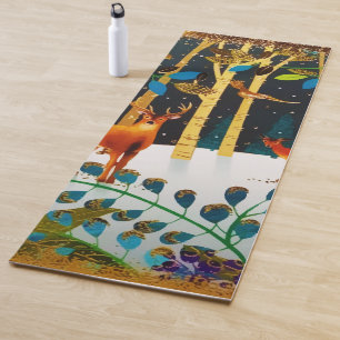 Gold Cosy Winter Deer Forest Watercolor  Yoga Mat