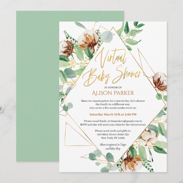 Gold Cotton Eucalyptus | Virtual Baby Shower Invitation (Front/Back)