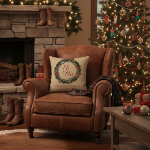 Gold Country Wedding Mr. and Mrs. Christmas Cushion