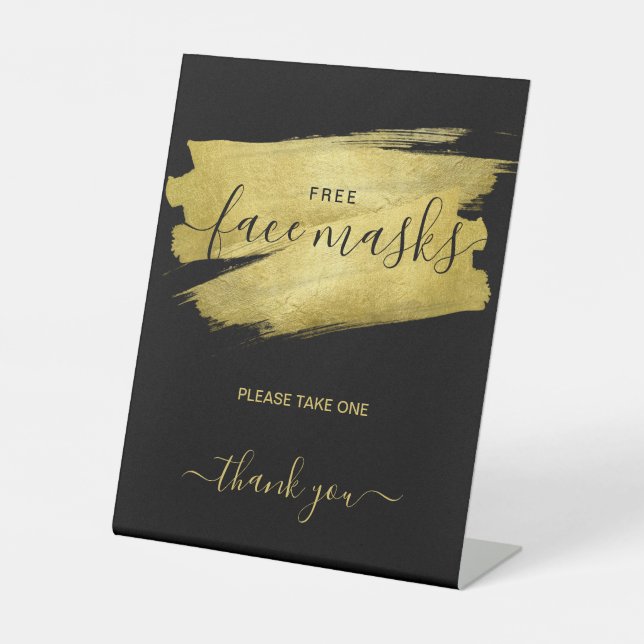 Gold Covid Free Face Mask Wedding Party Black  Pedestal Sign (Front)