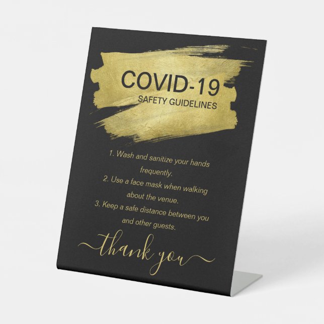Gold Covid Safety Guidelines Safe Party Black  Pedestal Sign (Front)