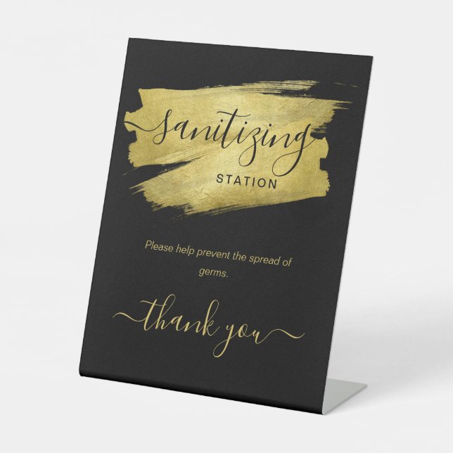 Gold Covid Sanitising Station Wedding Party Black  Pedestal Sign (Front)