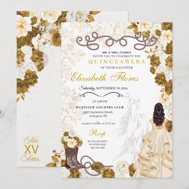 Gold Cowgirl Charro Western Quinceañera Invitation (Front/Back)