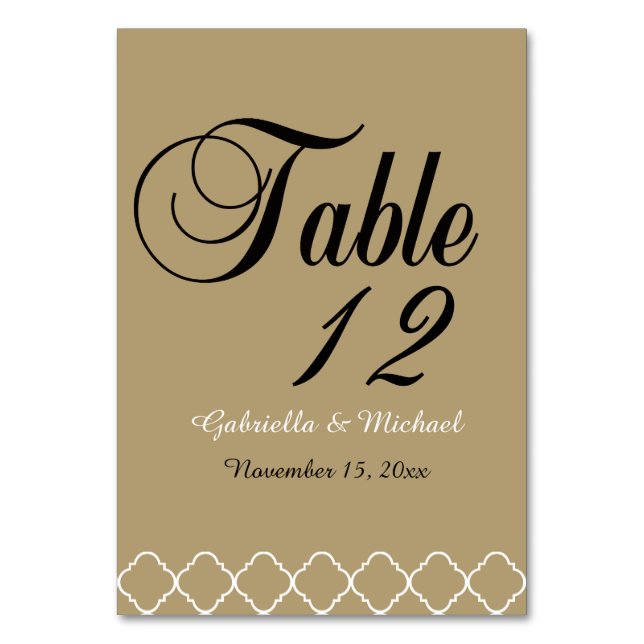 Gold Cream and White Quatrefoil Table Number (Front)