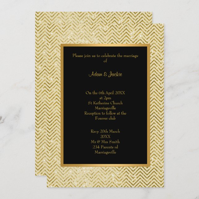 GOLD CREAM BLACK CHEVRON WEDDING INVITATION (Front/Back)