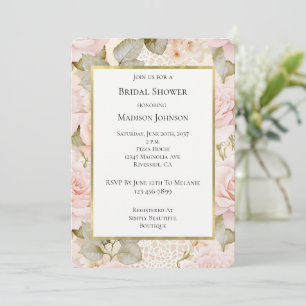 Gold Cream Blush Pink Roses Floral Bridal Shower Invitation