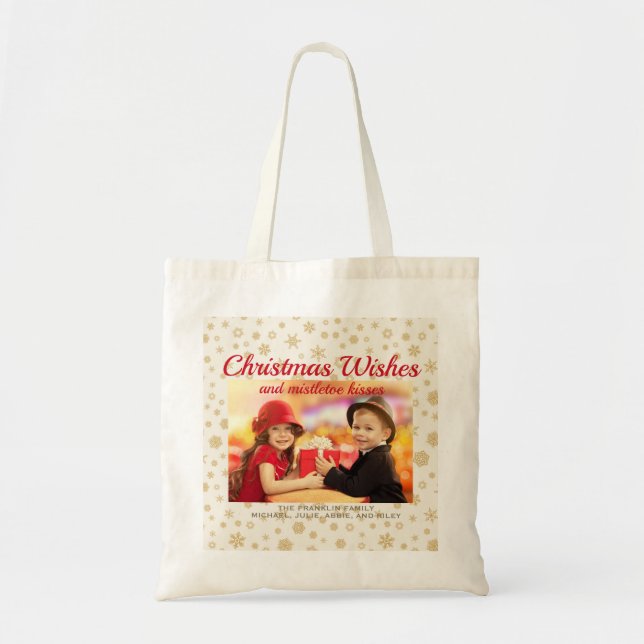 Gold Cream Christmas Snowflakes Photo Gift Tote Bag (Front)