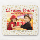 Gold Cream Christmas Snowflakes Wishes Photo Gift Mouse Mat<br><div class="desc">Gold snowflakes on a cream background Christmas family photo mousepad.  Text says,  "Christmas wishes and mistletoe kisses."</div>