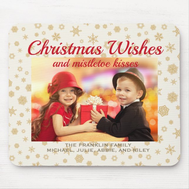 Gold Cream Christmas Snowflakes Wishes Photo Gift Mouse Mat (Front)