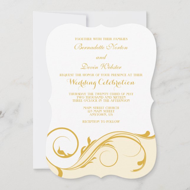 Gold Cream Floral Swirl Bracket Wedding Invites (Front)