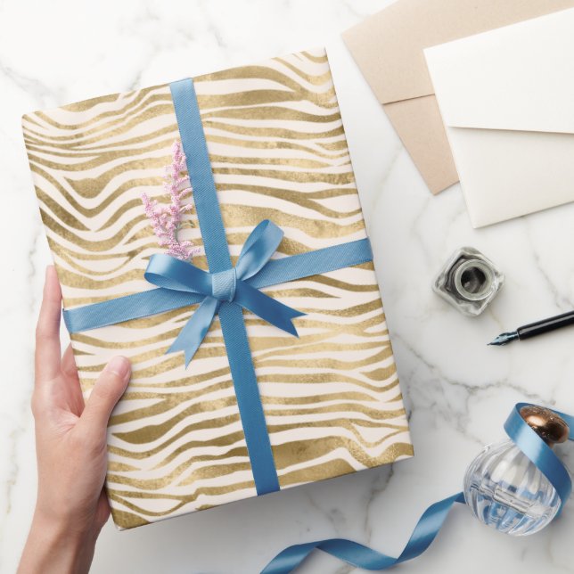 Gold Cream Glitzy Glitter Zebra Print  Wrapping Paper (Gifting)