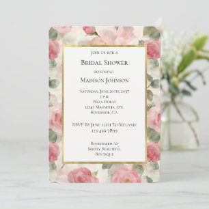 Gold Cream Green Pink Roses Floral Bridal Shower Invitation