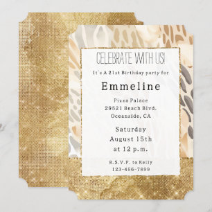 Gold Cream Ivory Animal Print Abstract Invitation