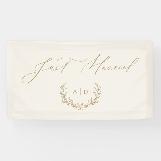 Gold & Cream Laurel Monogram Just Married Banner (Horizontal)