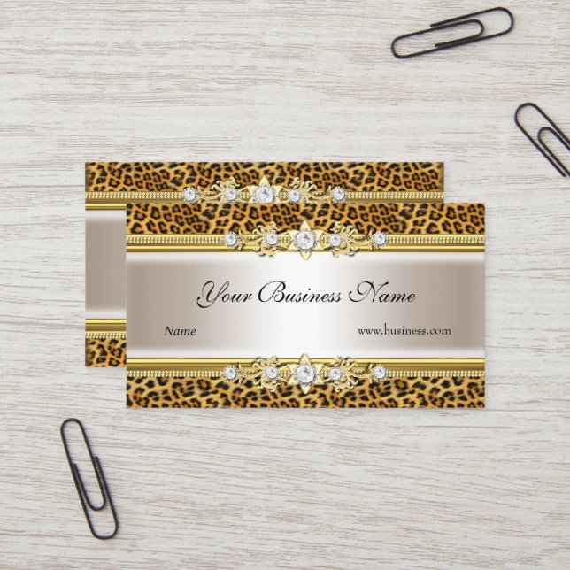 Gold Cream Leopard Black Jewel Look Image Business Card (Front/Back In Situ)