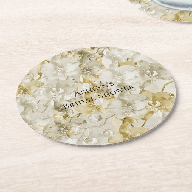 Gold Cream Orchid Flowers Bridal Shower Round Paper Coaster (Angled)
