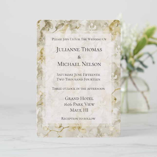 Gold Cream Orchid Flowers Romantic Wedding Invitation (Standing Front)