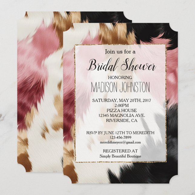 Gold Cream Pink Black Cowgirl Cowhide Invitation (Front/Back)