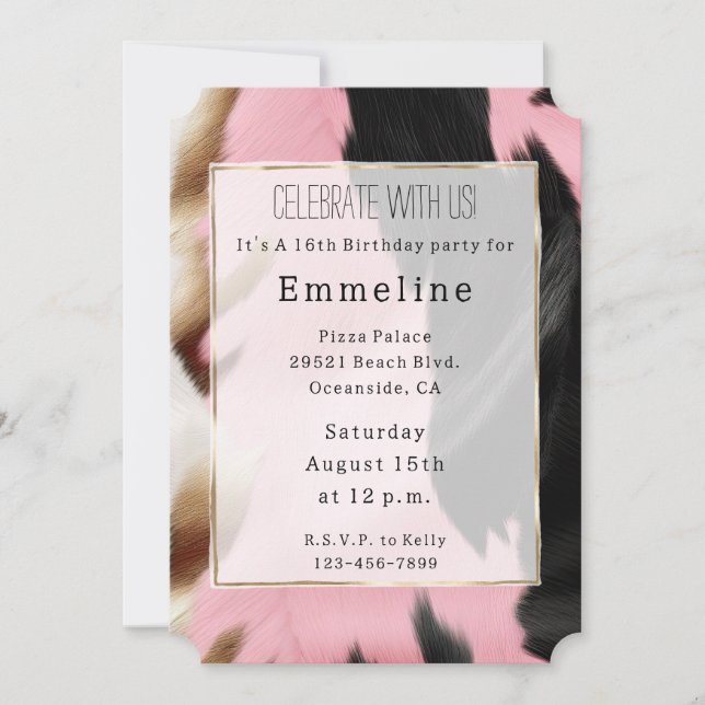 Gold Cream Pink Black Cowgirl Cowhide Invitation (Front)