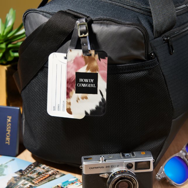 Gold Cream Pink Black Cowgirl Cowhide  Luggage Tag (Front & Back)