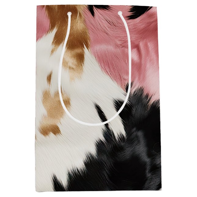 Gold Cream Pink Black Cowgirl Cowhide  Medium Gift Bag (Front)