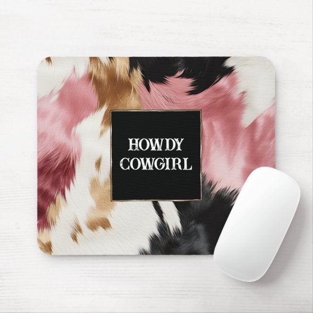 Gold Cream Pink Black Cowgirl Cowhide  Mouse Mat (With Mouse)