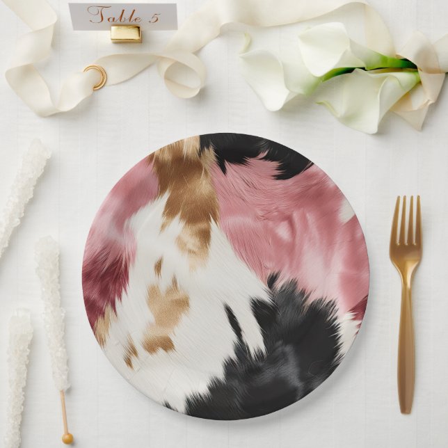 Gold Cream Pink Black Cowgirl Cowhide  Paper Plate (Wedding)