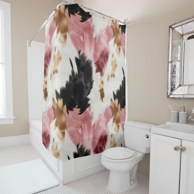 Gold Cream Pink Black Cowgirl Cowhide  Shower Curtain (In Situ)