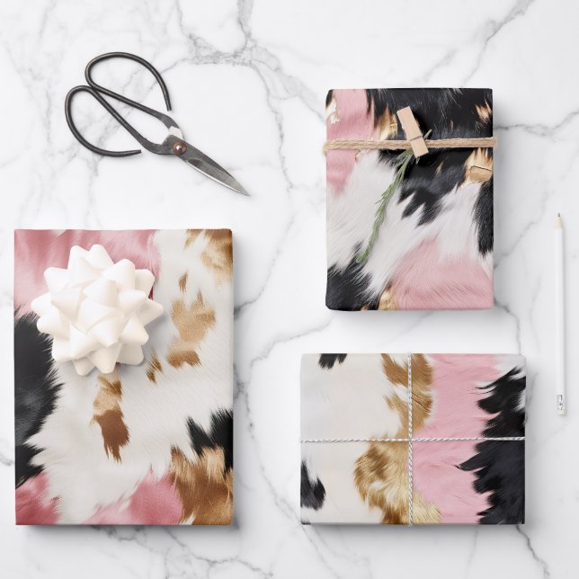 Gold Cream Pink Black Cowgirl Cowhide  Wrapping Paper Sheet (Front)