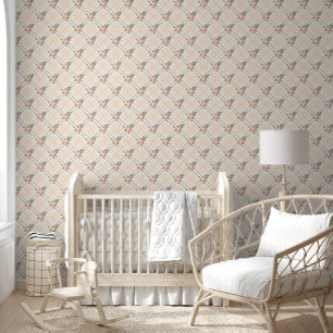 Gold Cream Plaid Floral Wallpaper